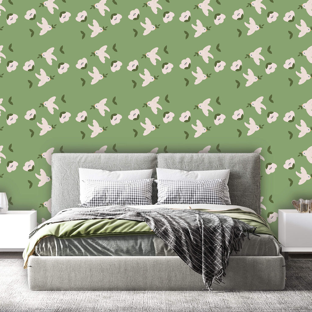 Witte vogels op groen — interieur 1