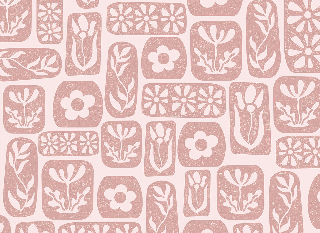 Bloemen in roze vakjes — volledig ontwerp