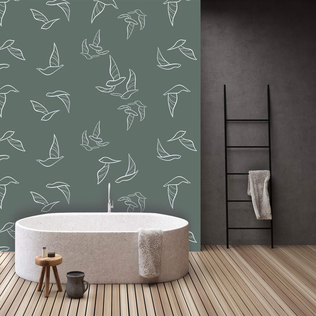 Vogelcontouren op grijsgroen — interieur 1