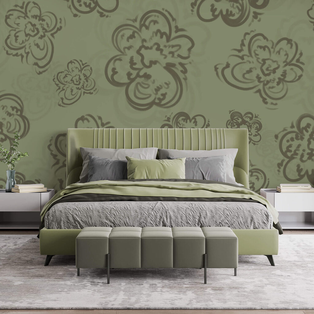 Krullende bloemcontouren op olijfgroen — interieur 2
