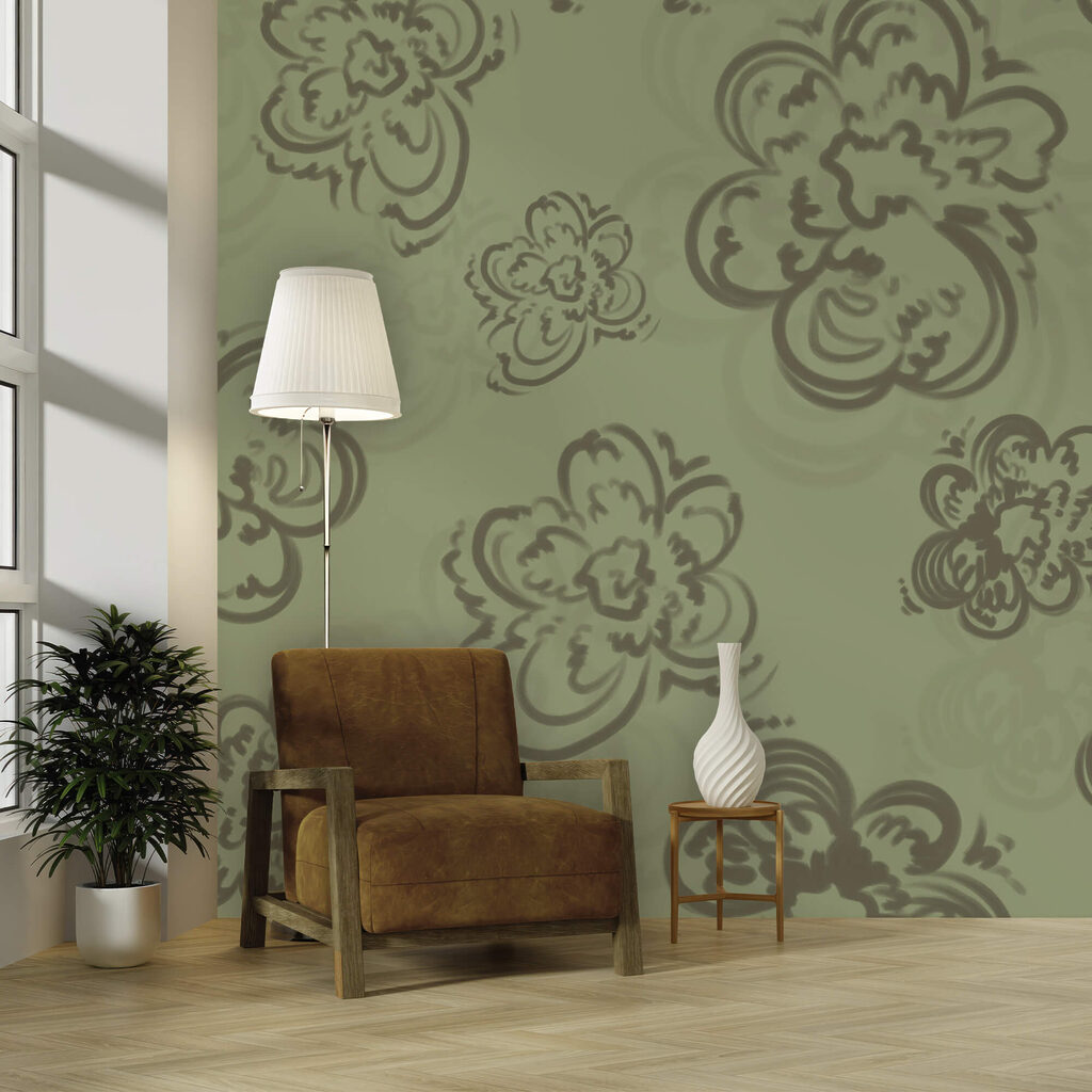 Krullende bloemcontouren op olijfgroen — interieur 3