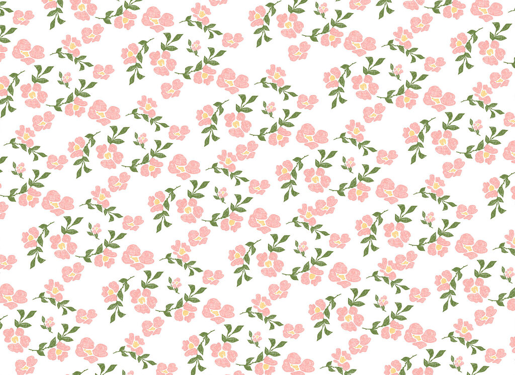 Roze bloesemtakjes op wit — volledig ontwerp