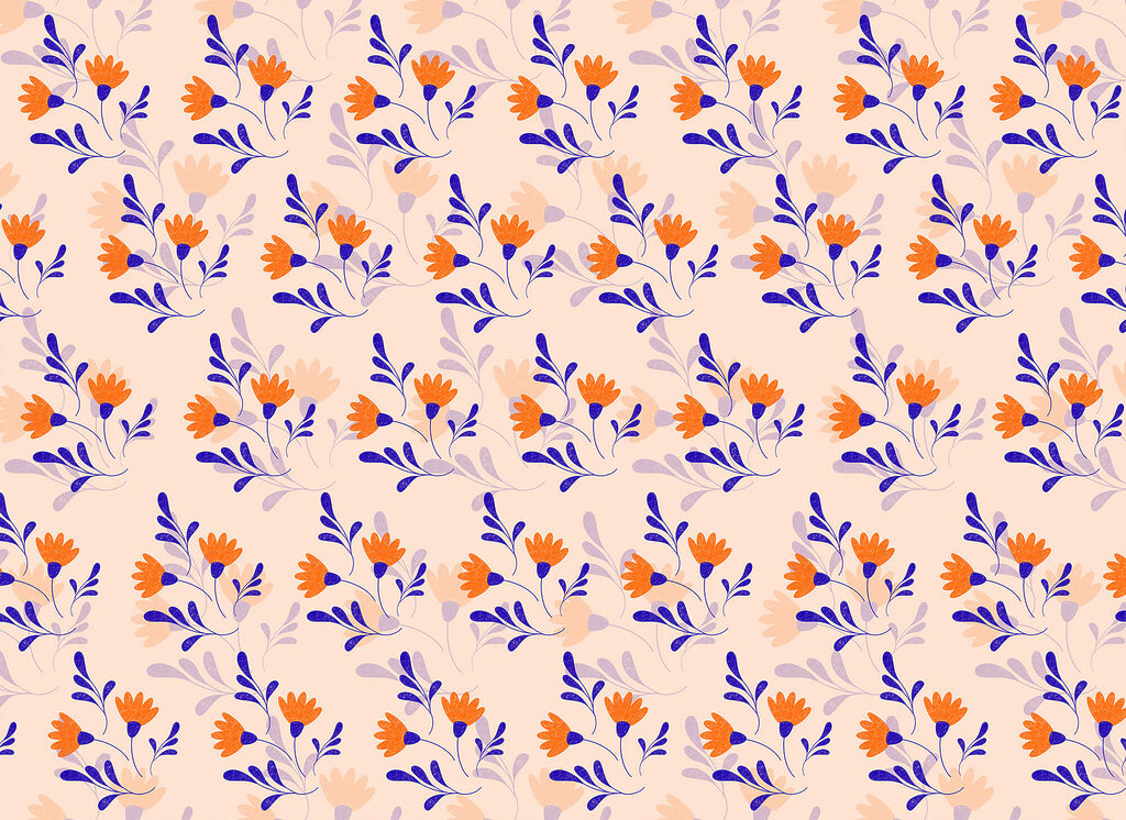 Oranje bloemen, blauwe bladeren — volledig ontwerp