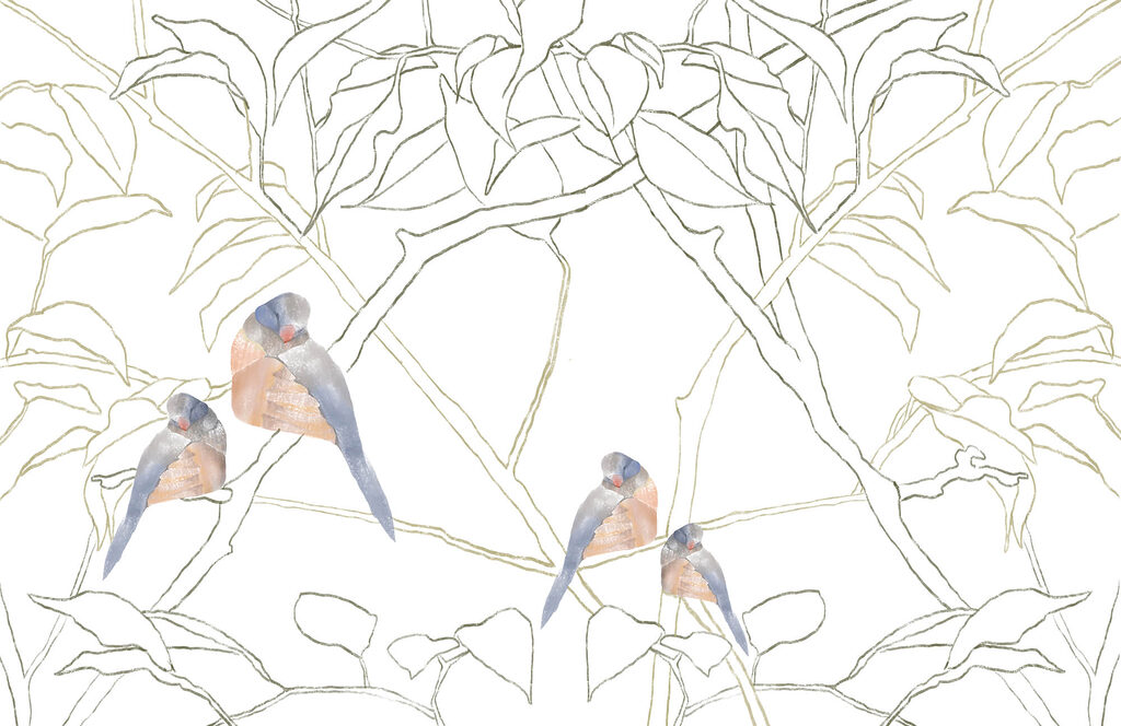Vogels tussen getekende takken — volledig ontwerp