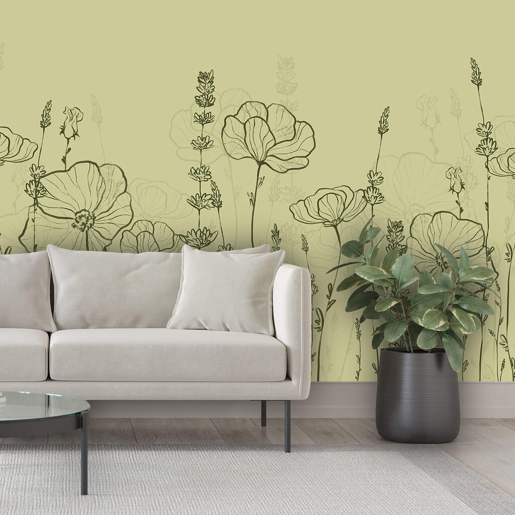 Bloemlijnen op licht olijfgroen — interieur 2