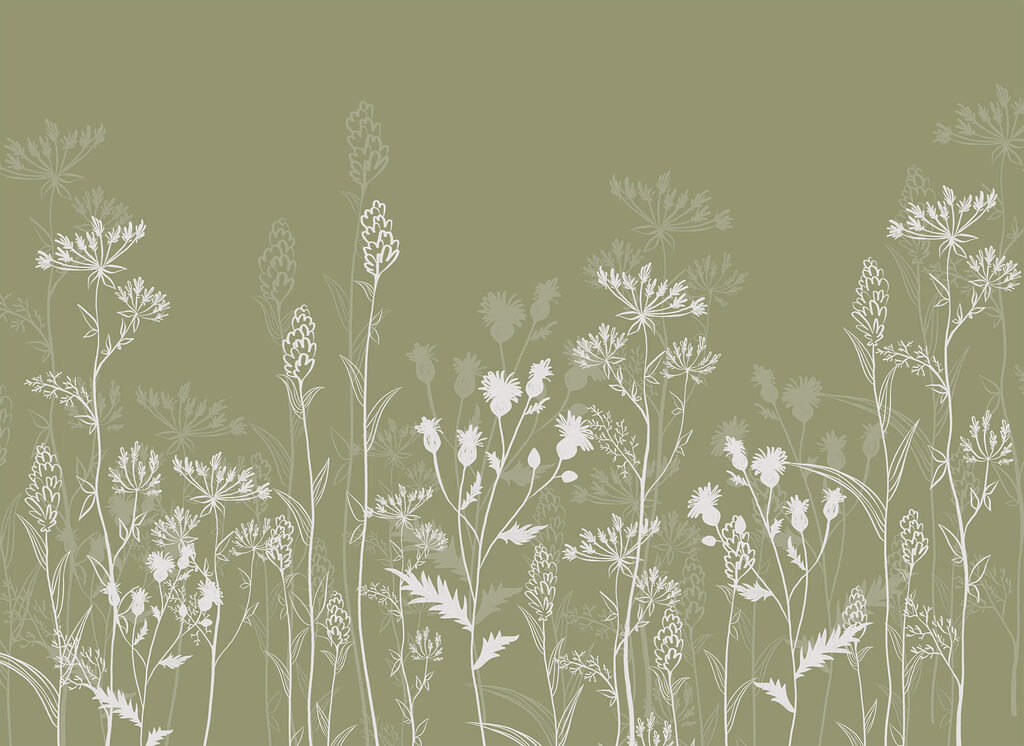 Witte veldbloemen op olijfgroen — volledig ontwerp