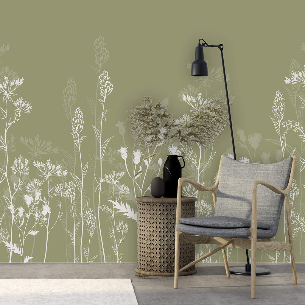 Witte veldbloemen op olijfgroen — interieur 1