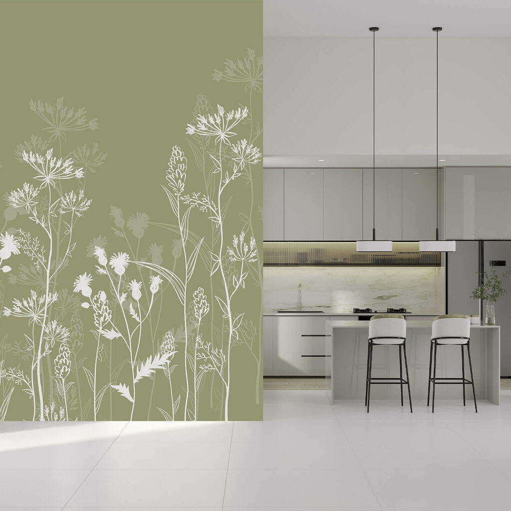 Witte veldbloemen op olijfgroen — interieur 2