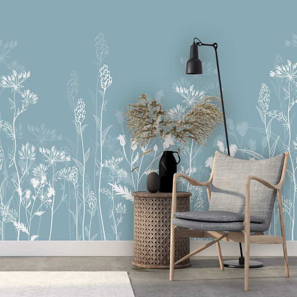 Witte bloemen op een blauwe achtergrond — interieur 1