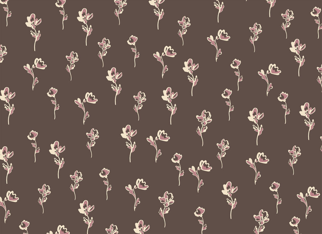 Kleine bloemtakjes op cacaobruin — volledig ontwerp