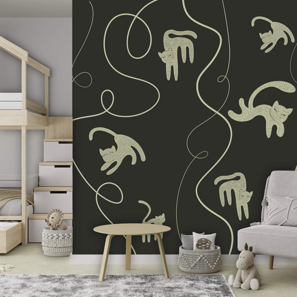 Motief met katten en klimplanten in een interieur