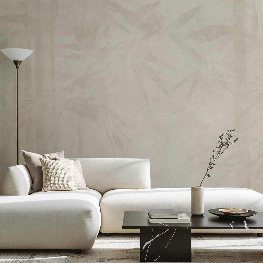 Witte achtergrond met bamboebladeren in een interieur