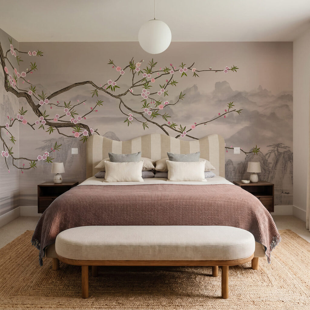 Een boomtak met roze bloemen in een interieur