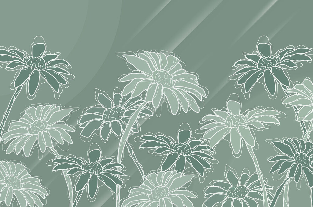 Witte bloemlijnen op grijsgroen — volledig ontwerp
