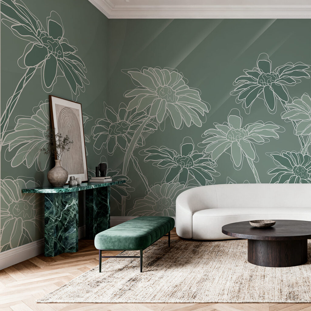 Witte bloemlijnen op grijsgroen — interieur 1