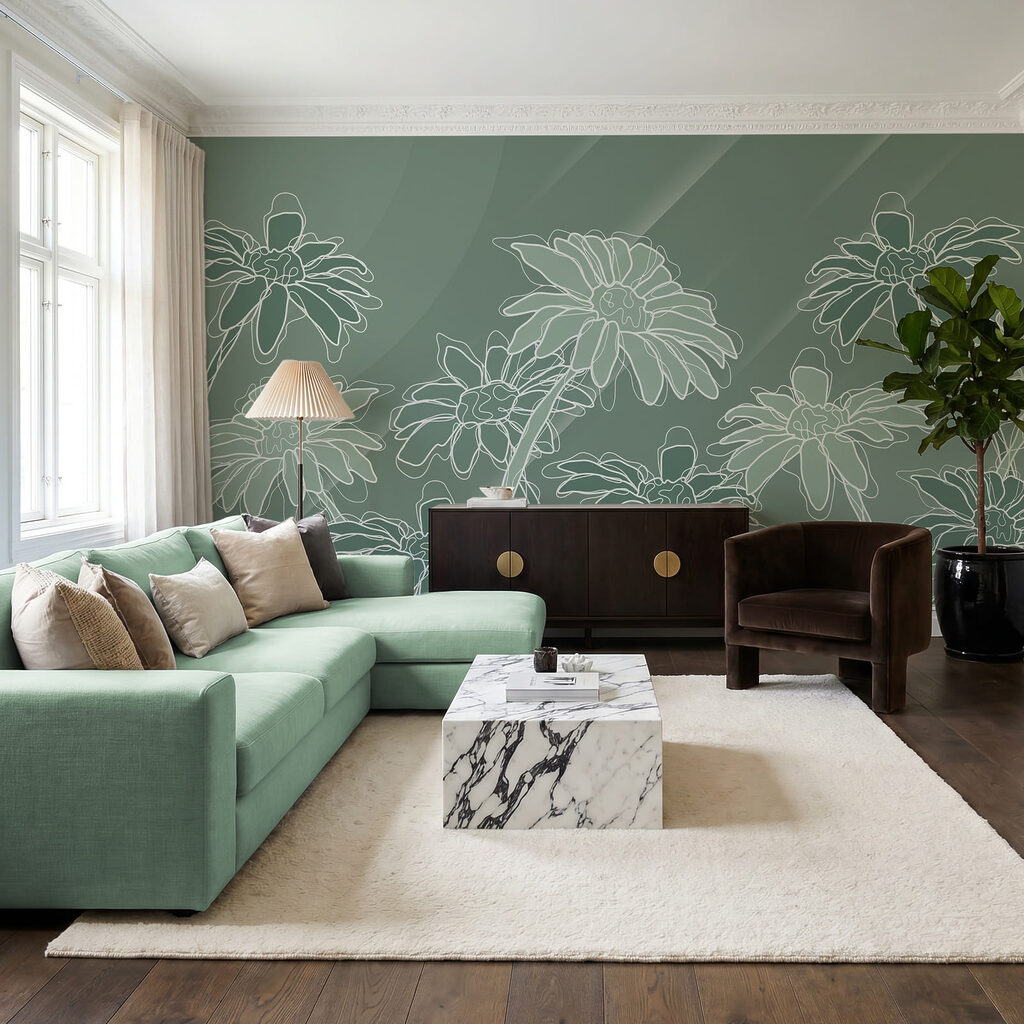 Witte bloemlijnen op grijsgroen — interieur 2