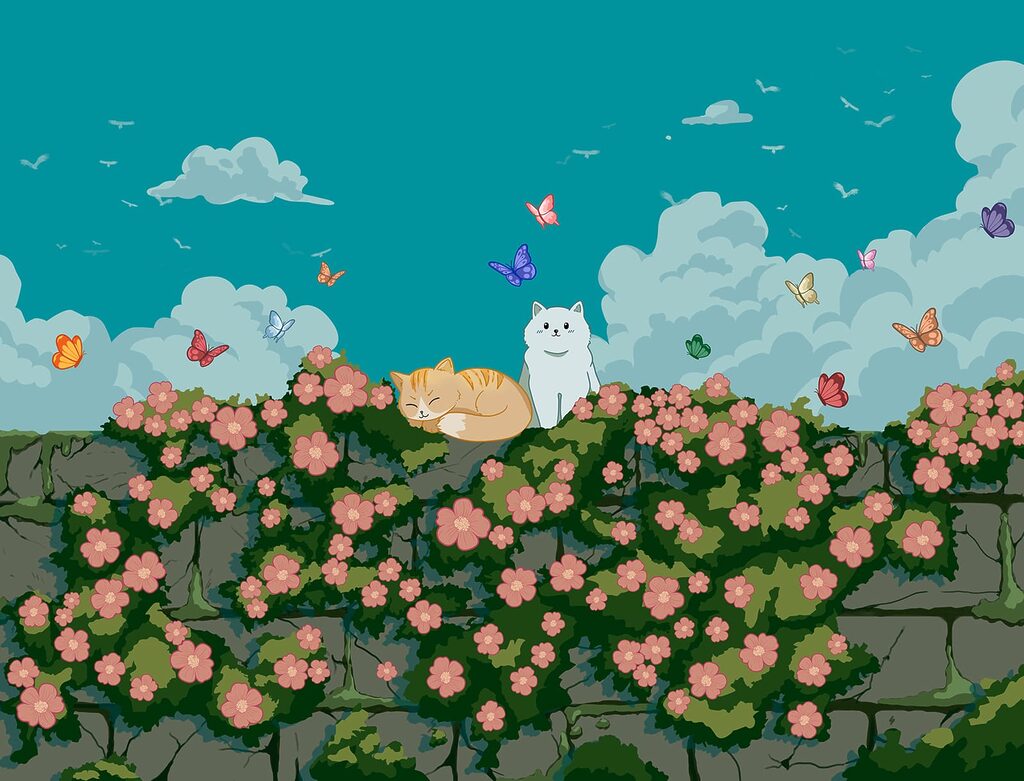 Katten in een bloementuin — volledig ontwerp
