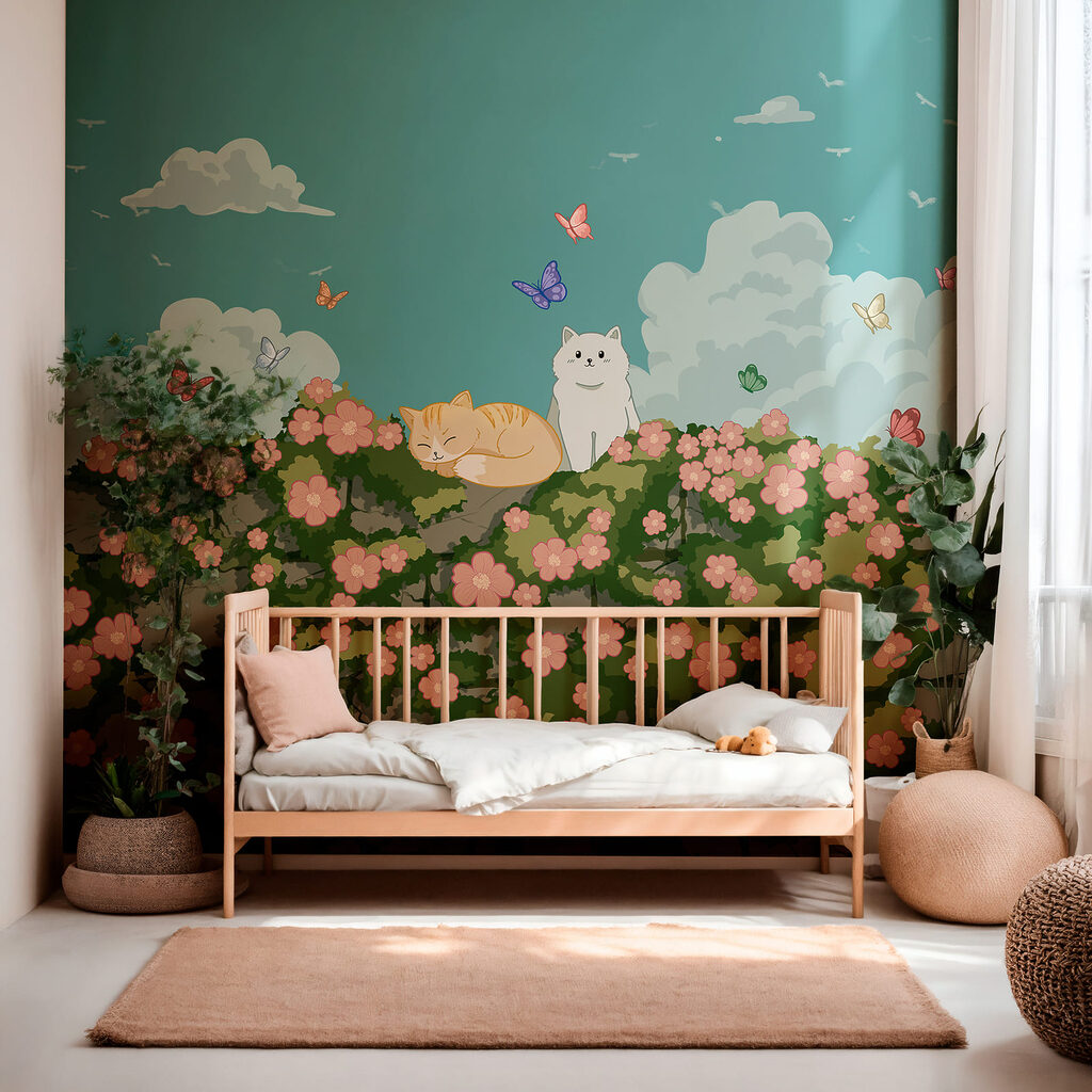 Cartoon van katten en vlinders op een struik in een interieur