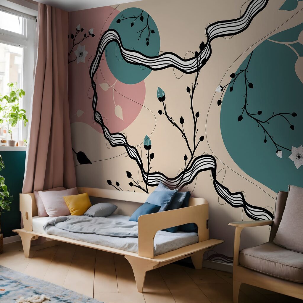 Tekening van een boom met bloemen en bladeren in een interieur