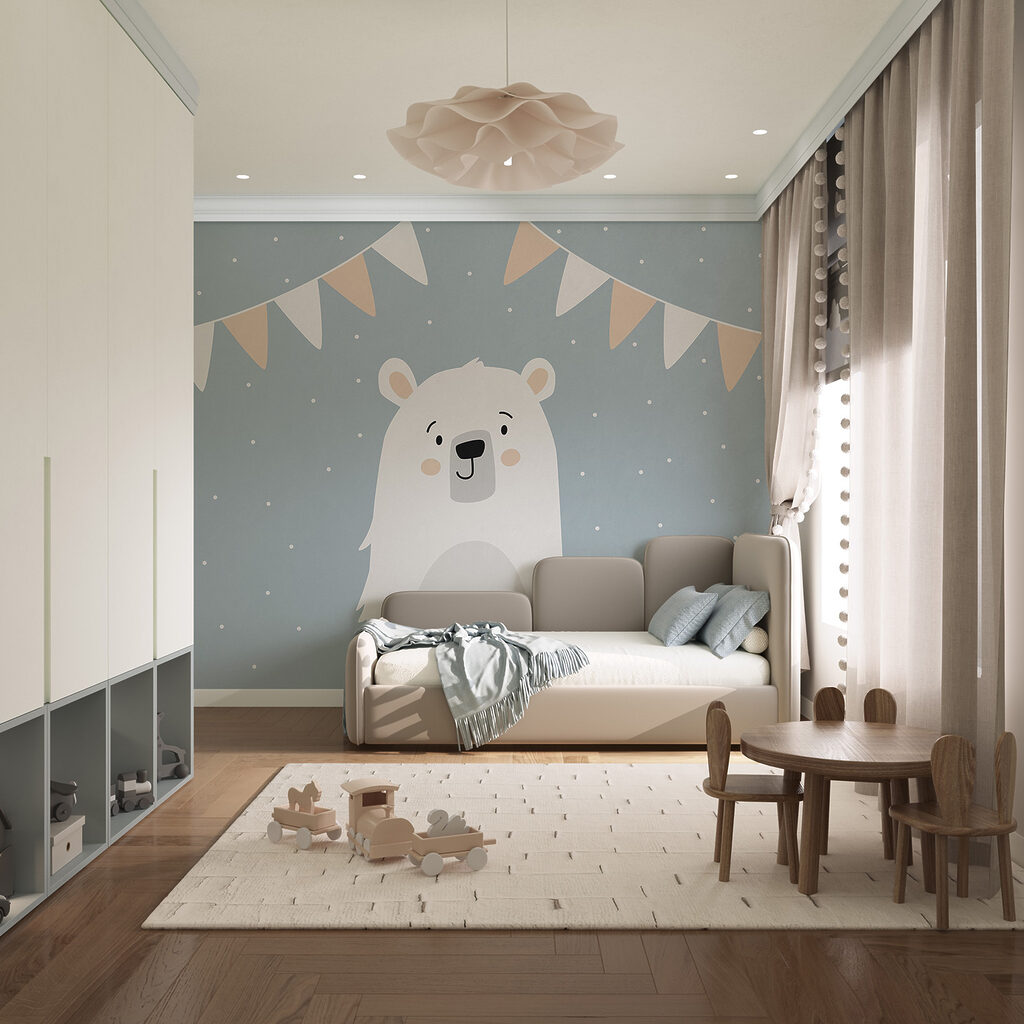 Witte beer onder vlaggetjes — interieur 1
