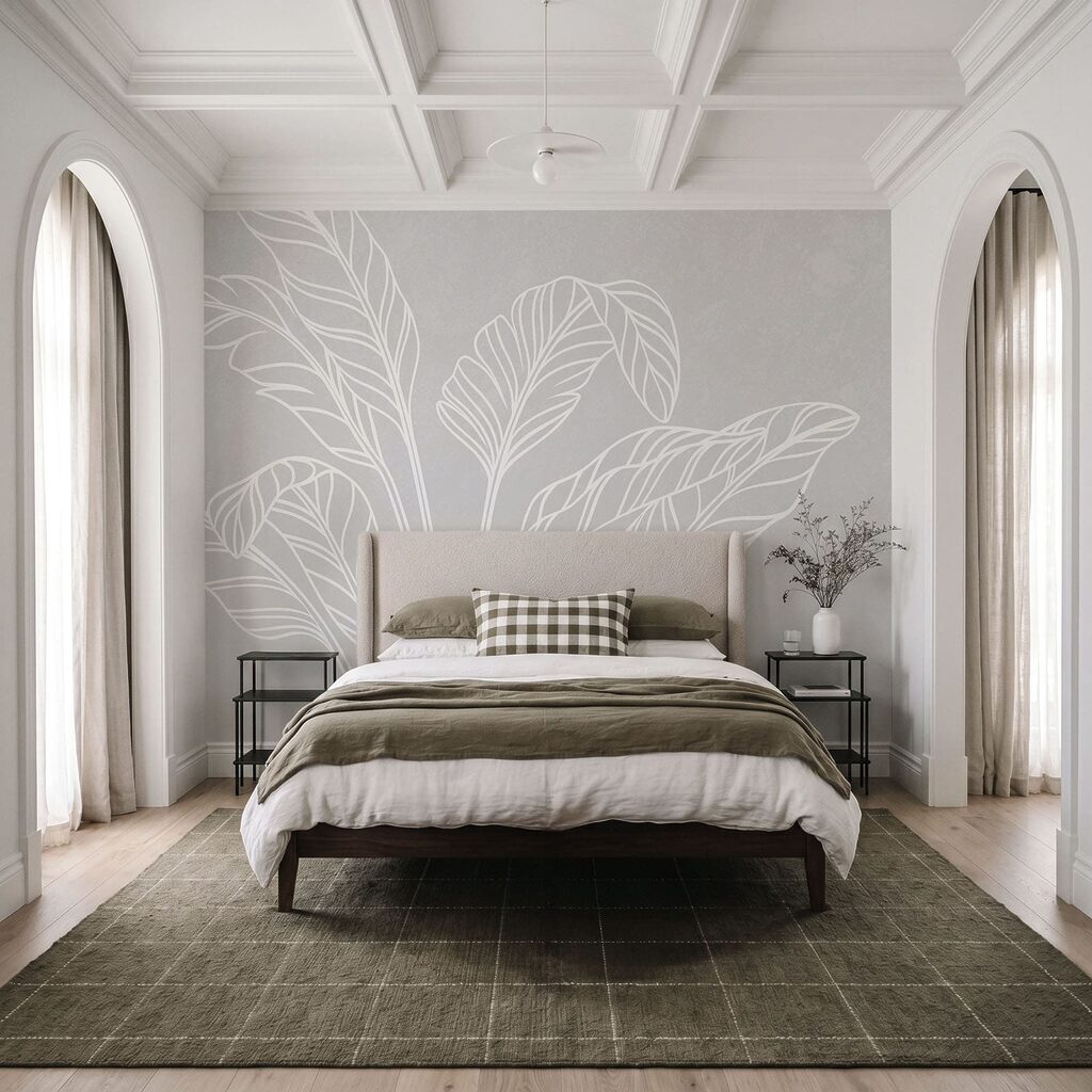 Witte lijntekening van bladeren in een interieur