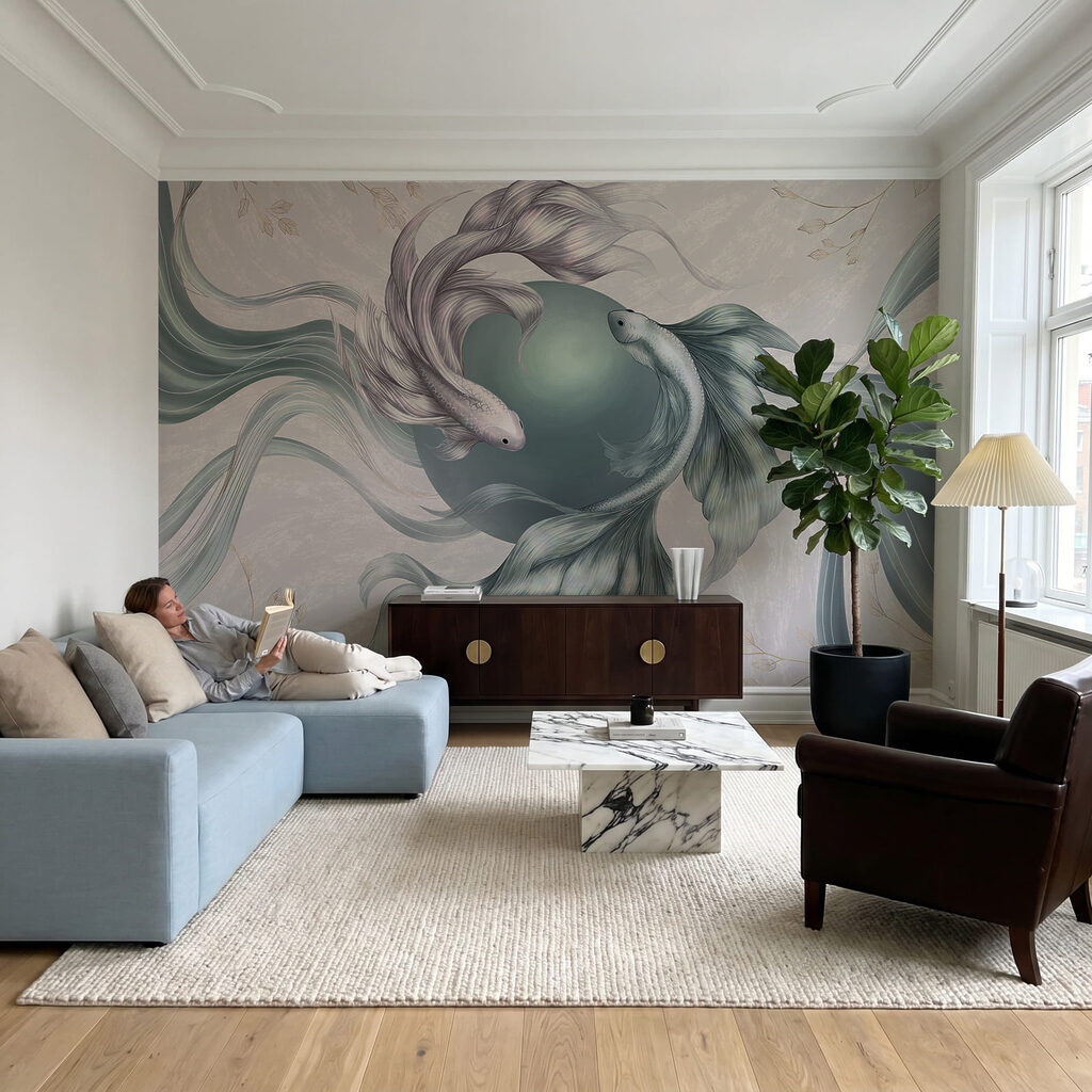 Tekening van een vis met een lange staart en een cirkel — interieur 1
