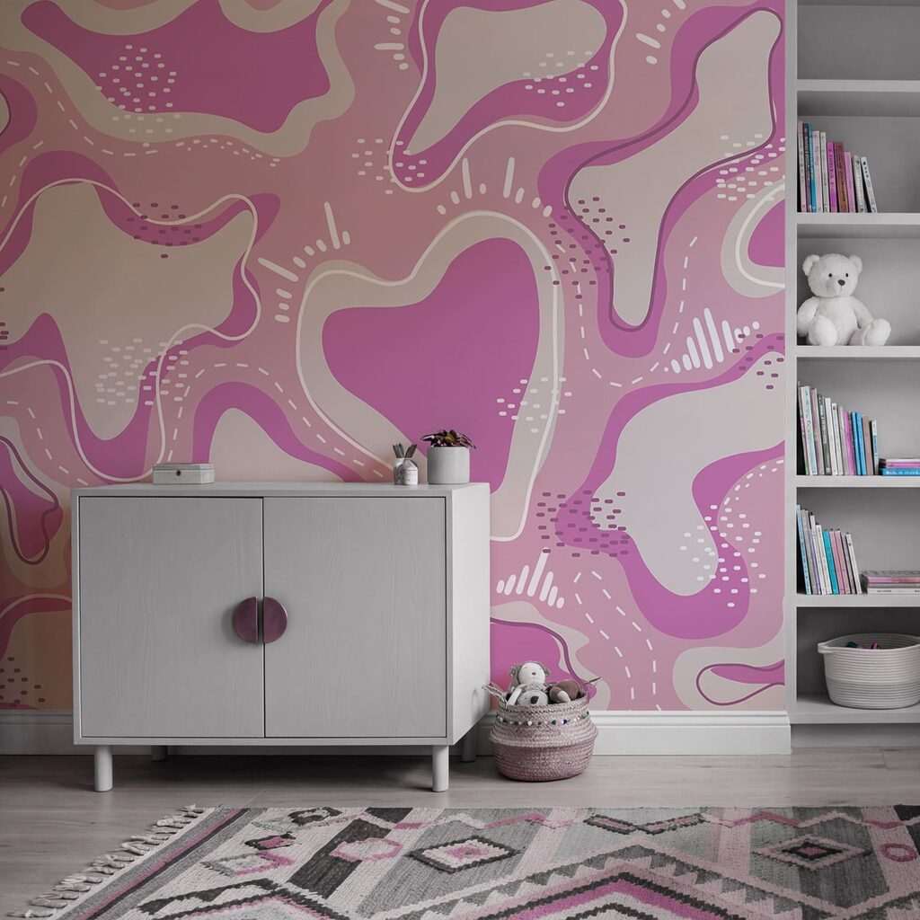 Roze en witte vormen in een interieur