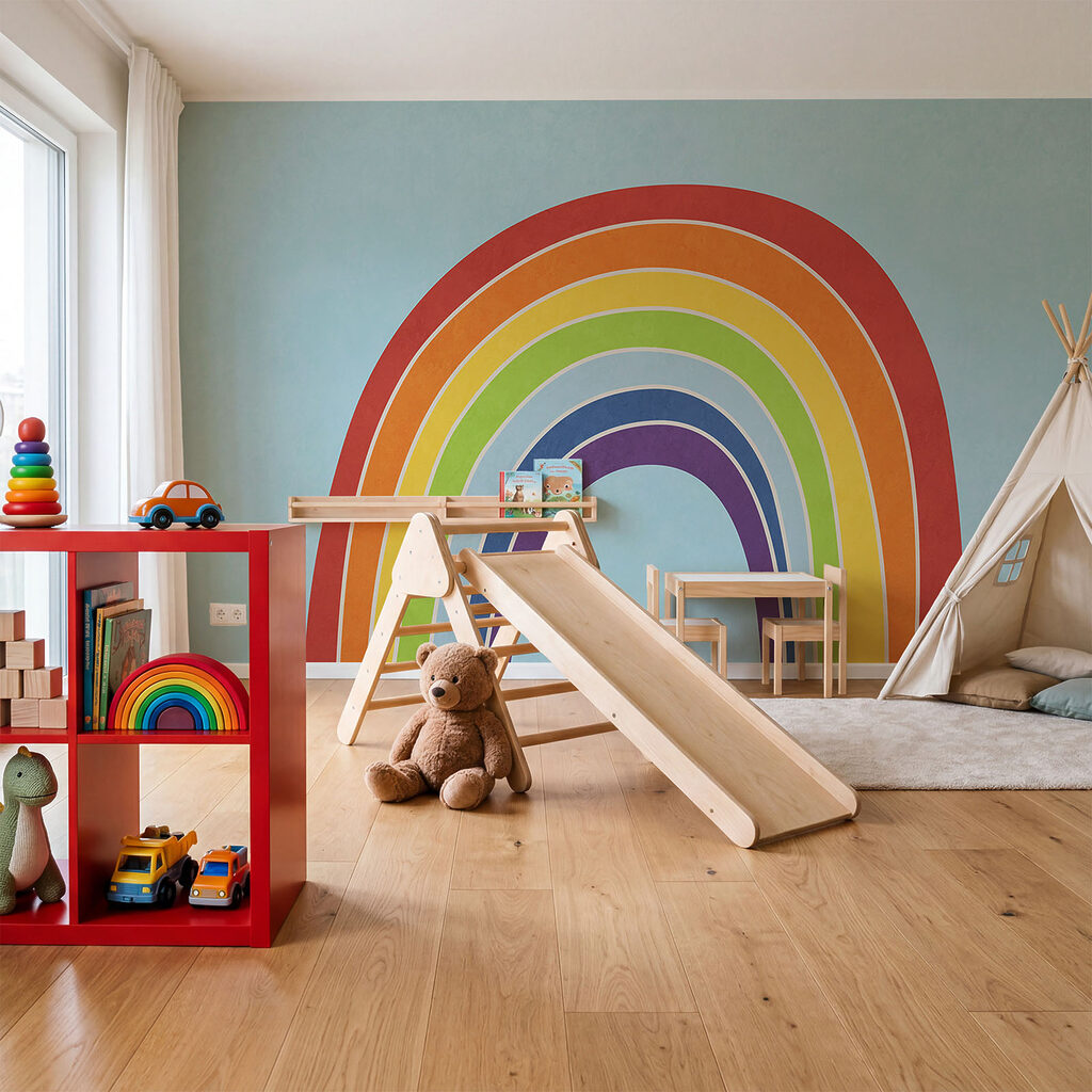 Regenboog tegen een blauwe achtergrond in een interieur