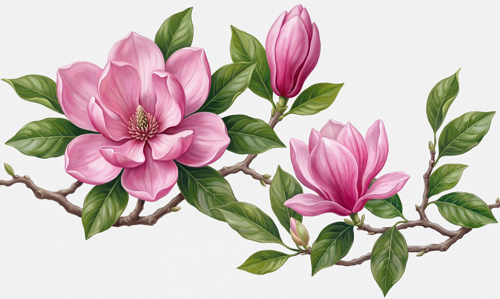 Roze magnolia aan takken — volledig ontwerp
