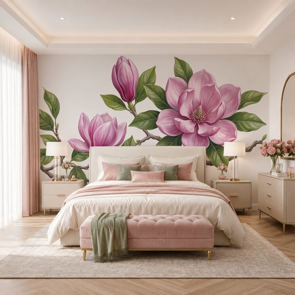 Roze magnolia aan takken — interieur 2