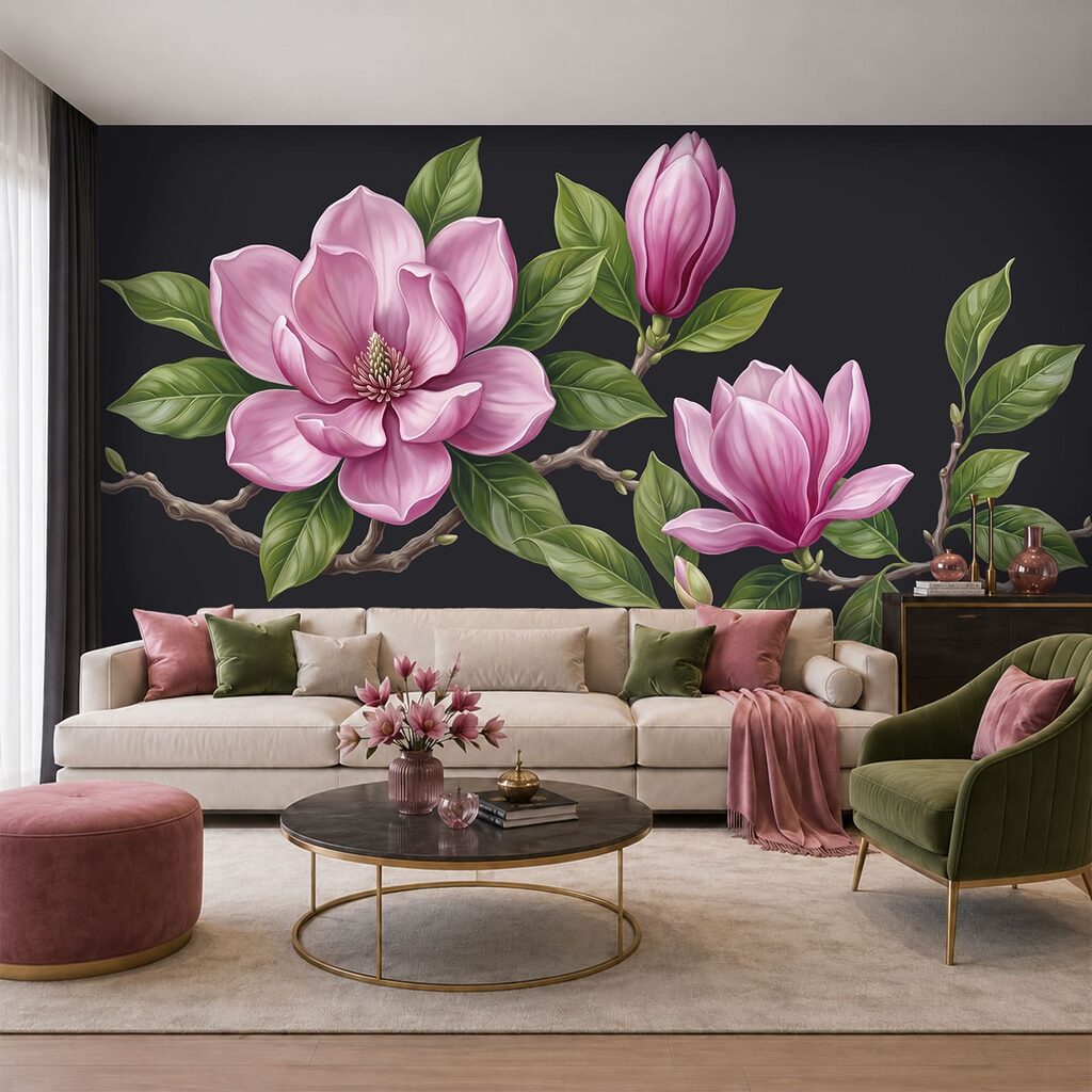 Een bosje roze bloemen met groene blaadjes in een interieur