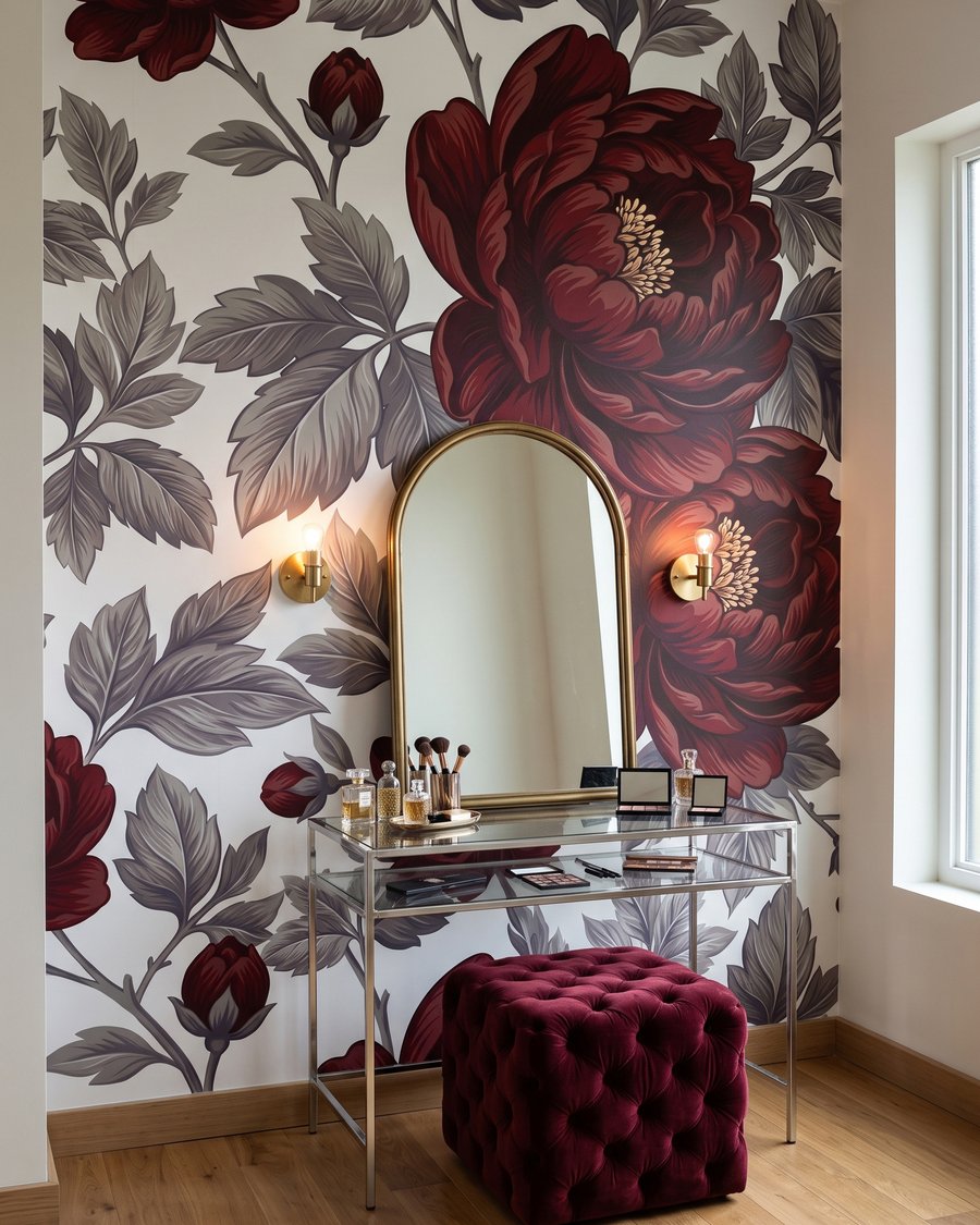 Donkerrode bloei op wit — interieur 2