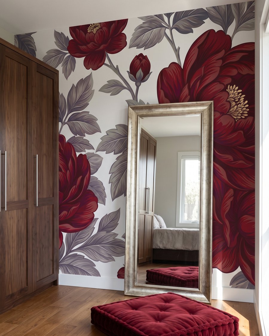 Donkerrode bloei op wit — interieur 3
