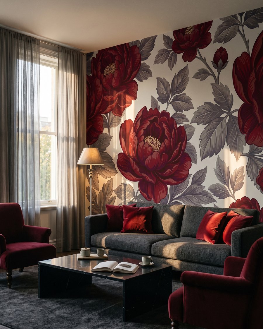 Donkerrode bloei op wit — interieur 4