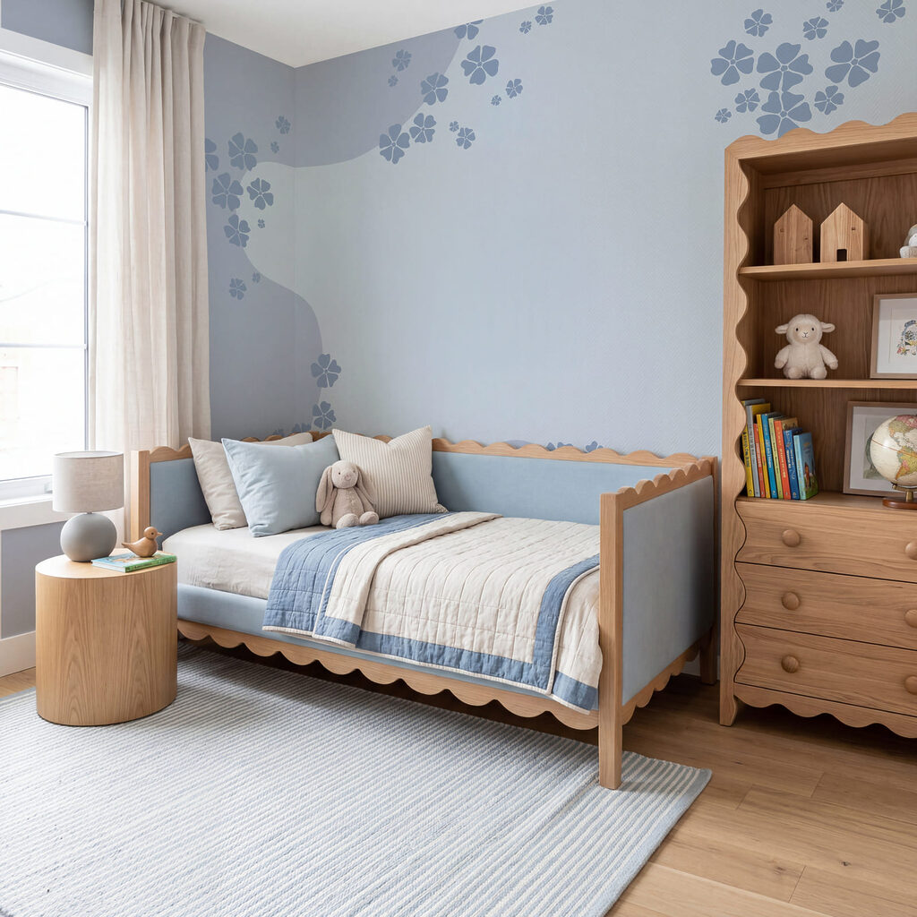 Blauw-witte achtergrond met bloemen in een interieur