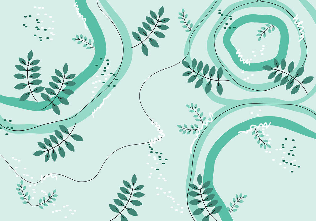 Bladeren tussen turquoise spiralen — volledig ontwerp