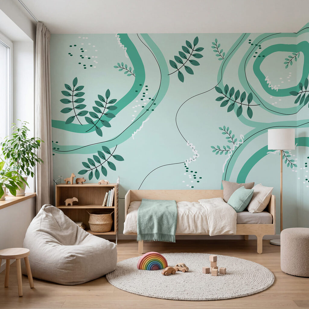 Bladeren tussen turquoise spiralen — interieur 2