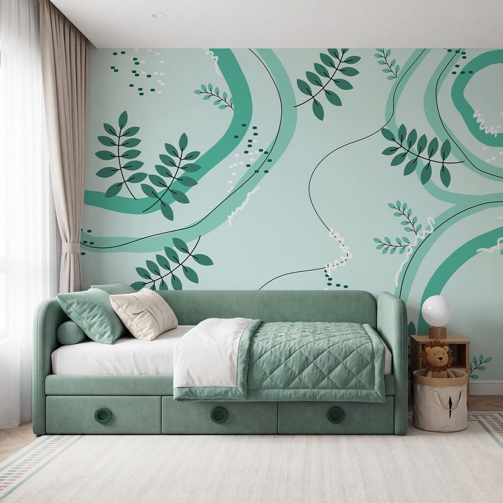 Bladeren tussen turquoise spiralen — interieur 1