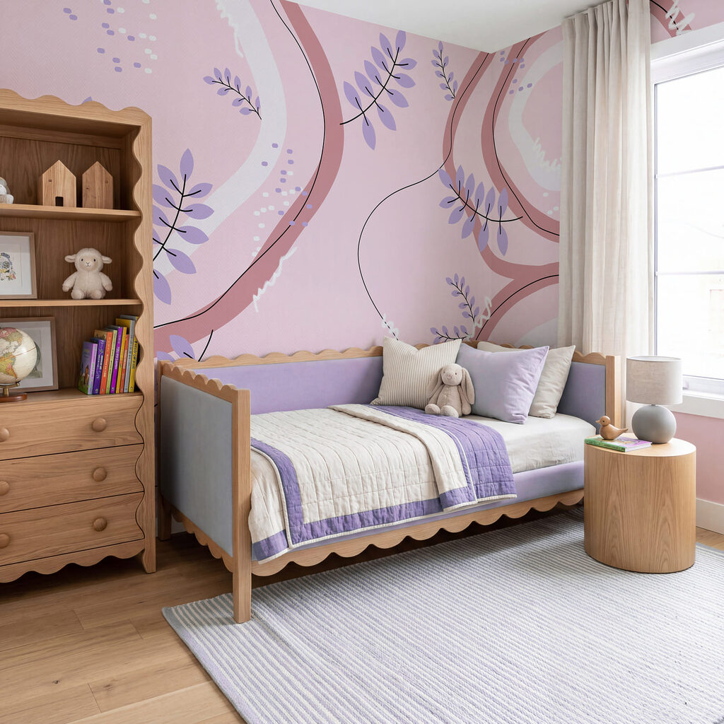 Roze en paars patroon met bladeren in een interieur