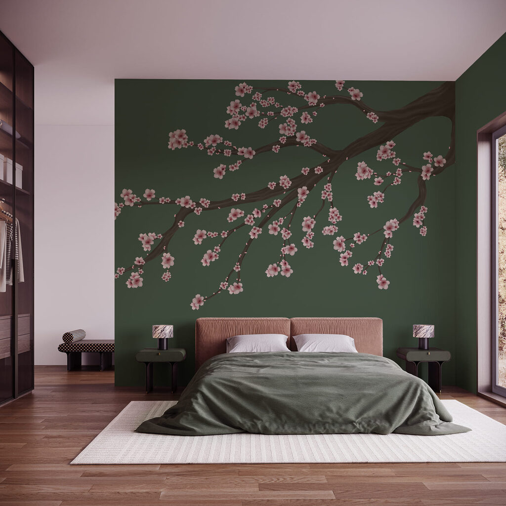 Boomtak met roze bloemen in een interieur