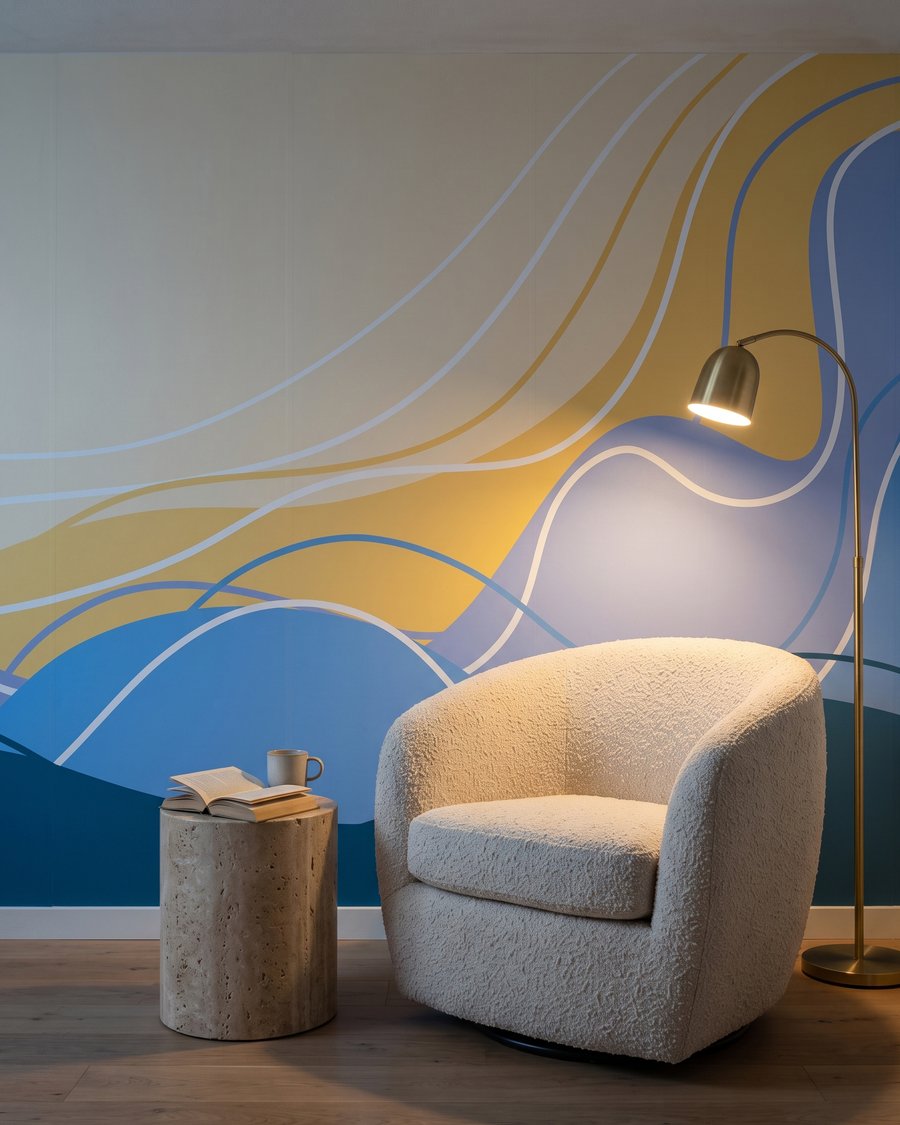 Blauwe golven onder geel — interieur 3
