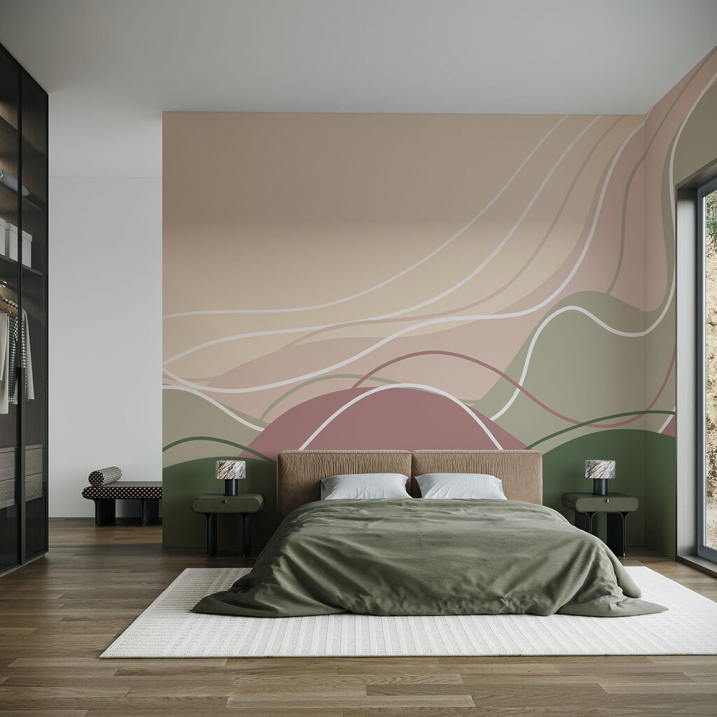 Groene en roze heuvels in een interieur
