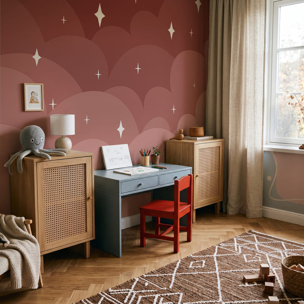 Roze wolken en sterren in een interieur