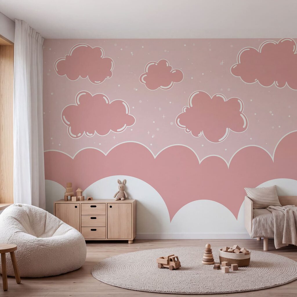Roze wolken aan de hemel in een interieur