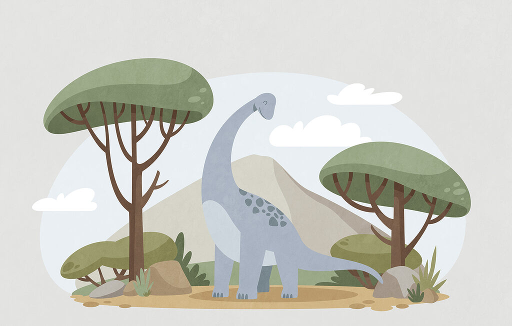Dinosaurus tussen ronde boomkronen — volledig ontwerp