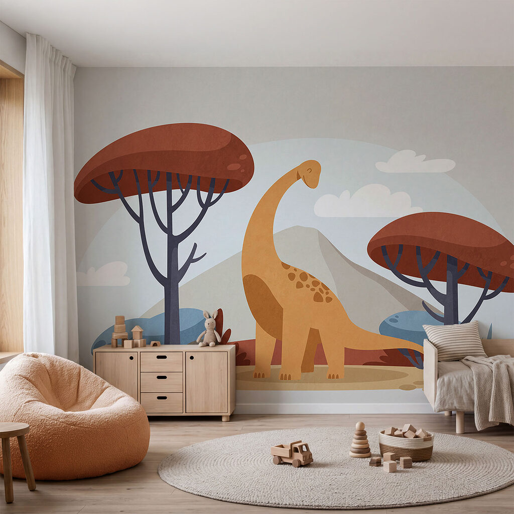 Cartoon van een dinosaurus in een interieur