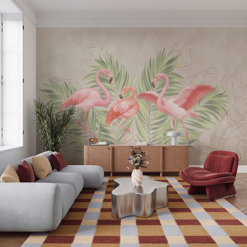 Drie flamingo's voor palmblad — interieur 2