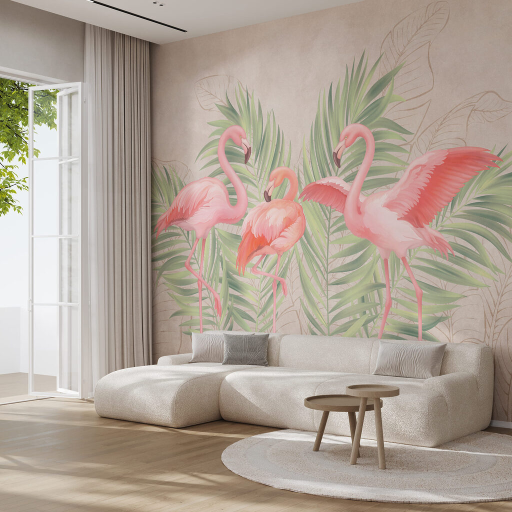 Groep roze flamingo’s met groene bladeren in een interieur