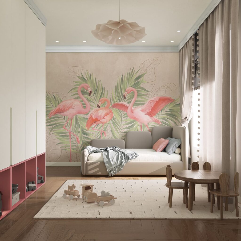 Drie flamingo's voor palmblad — interieur 3