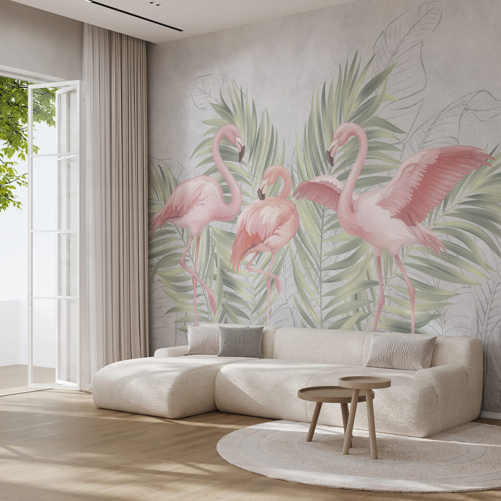 Drie flamingo's voor palmblad — interieur 1